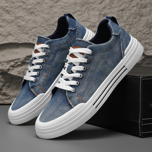 Men's casual blue denim sneakers, stylish everyday comfort footwear for modern streetwear.