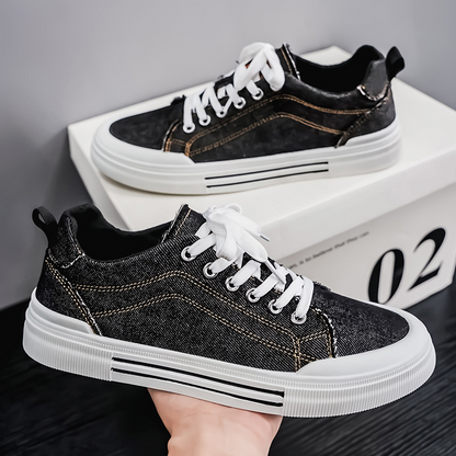 Men's black denim casual sneakers, comfortable and fashionable for everyday use and streetwear.