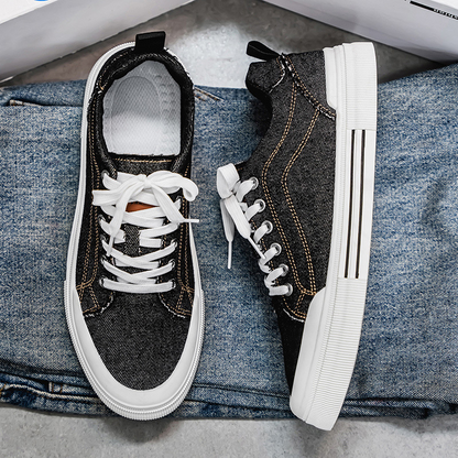 Black denim men's casual footwear, comfortable everyday sneakers perfect for modern streetwear.