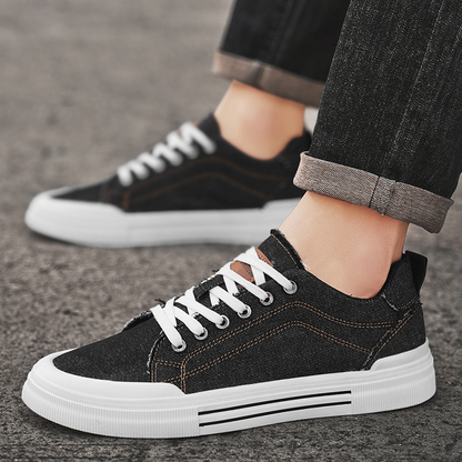 Everyday blue denim sneakers for men, combining comfort with a stylish casual streetwear aesthetic.