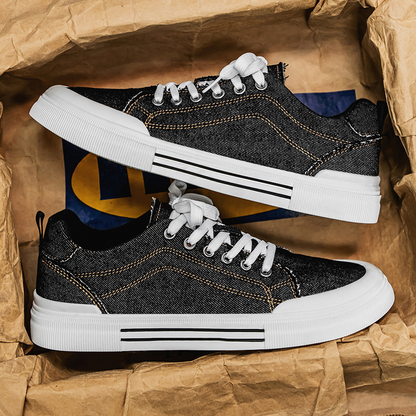 Stylish black denim men's sneakers, comfortable casual footwear for daily wear and urban fashion.