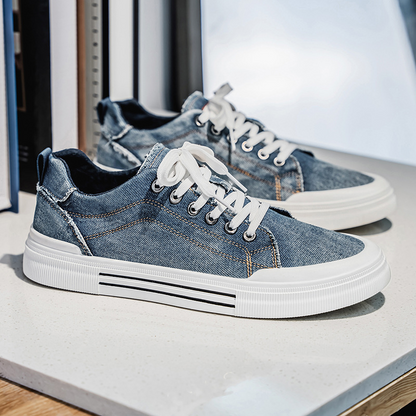 Comfortable black denim sneakers for men, perfect casual everyday shoes for stylish streetwear.