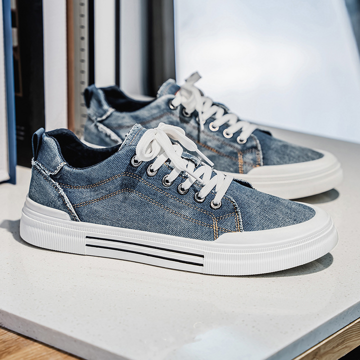 Comfortable black denim sneakers for men, perfect casual everyday shoes for stylish streetwear.