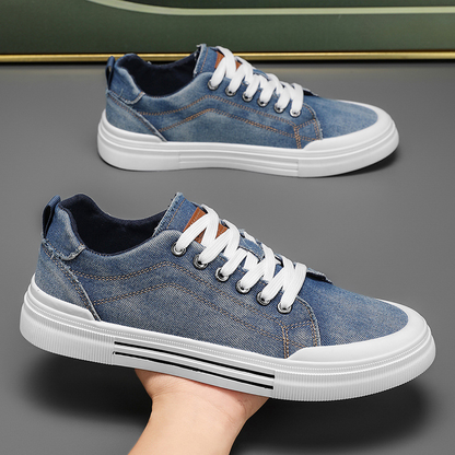 Stylish blue denim men's sneakers, offering casual comfort for everyday wear & urban fashion.