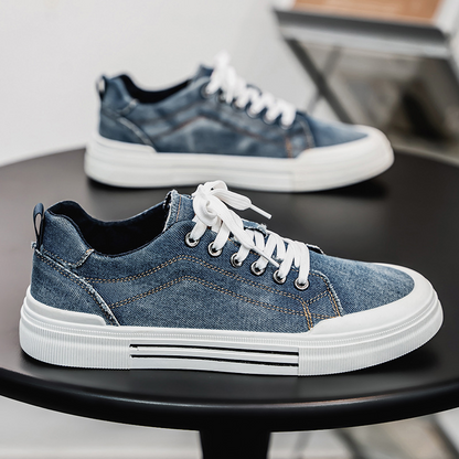Men's black denim sneakers, casual and comfortable footwear for stylish everyday and streetwear.