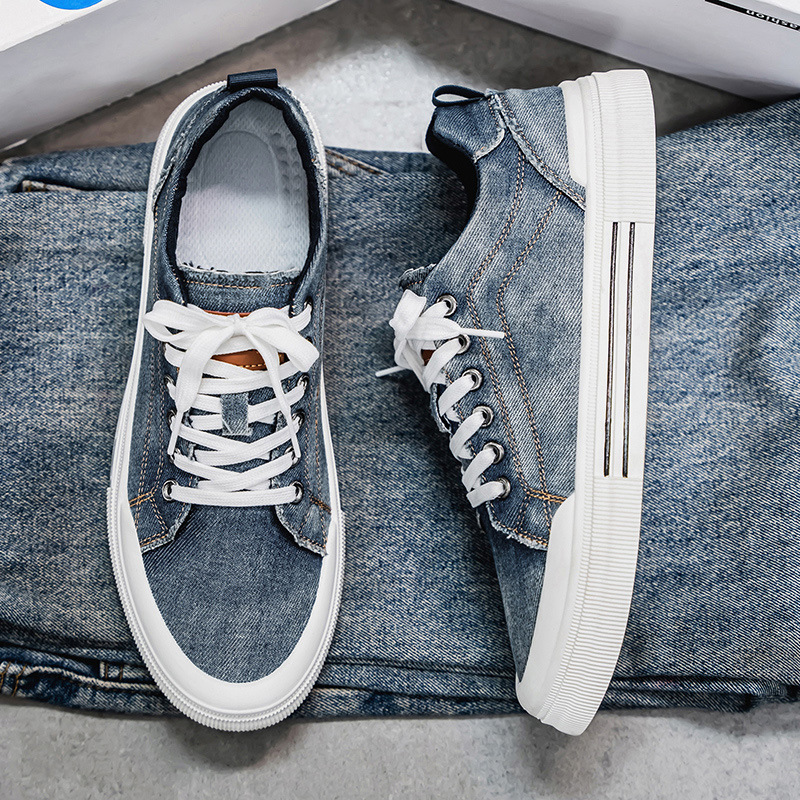 Stylish blue denim casual sneakers, men's comfortable footwear for everyday use and urban fashion.