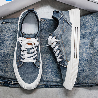 Stylish blue denim casual sneakers, men's comfortable footwear for everyday use and urban fashion.