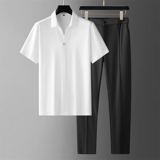 Men's casual business two-piece set, comfortable shirt & pants. Perfect for summer and smart casual men's fashion.