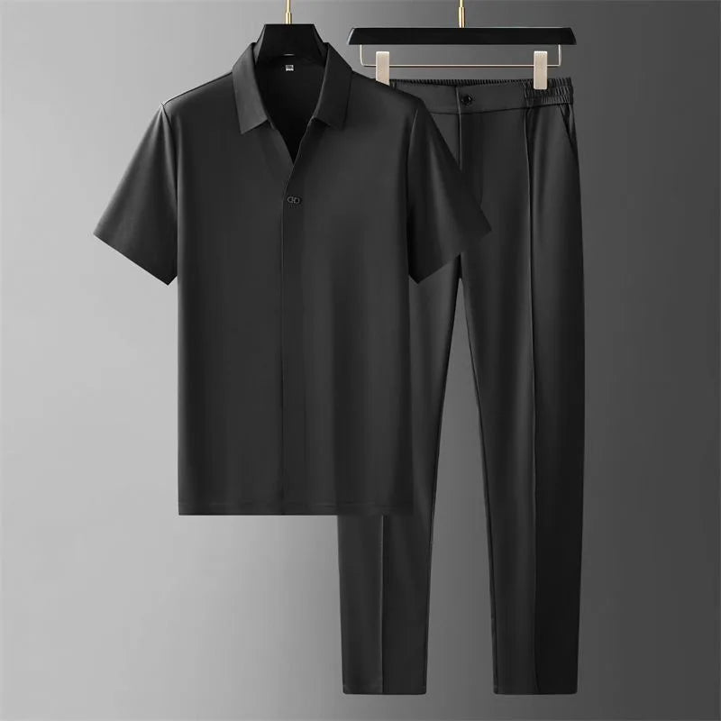 Cool & comfortable men's casual business set. Khaki two-piece outfit, perfect for summer office or relaxed style.