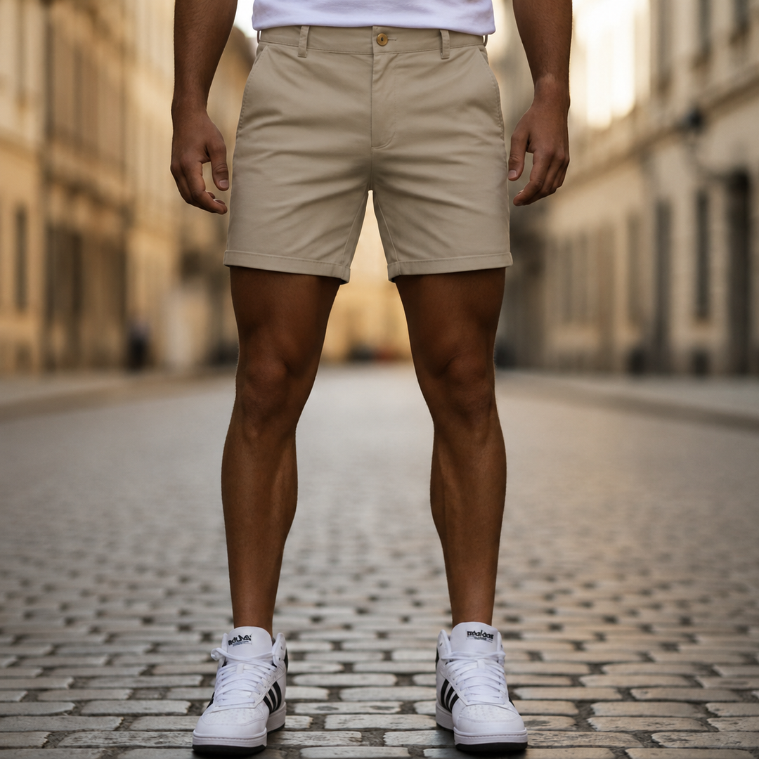 Solid color men's casual chino shorts, ideal for warm weather fashion and comfort.