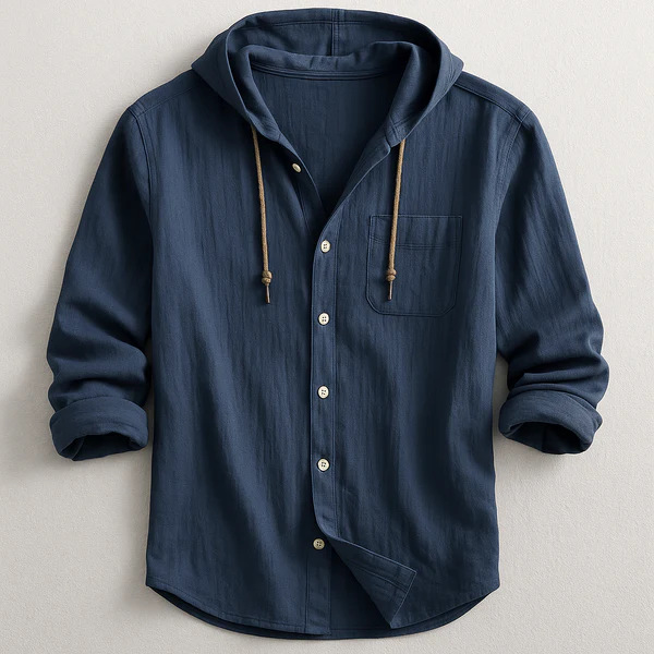 Men's casual hooded button-up shirt with a chest pocket, ideal for relaxed everyday wear.