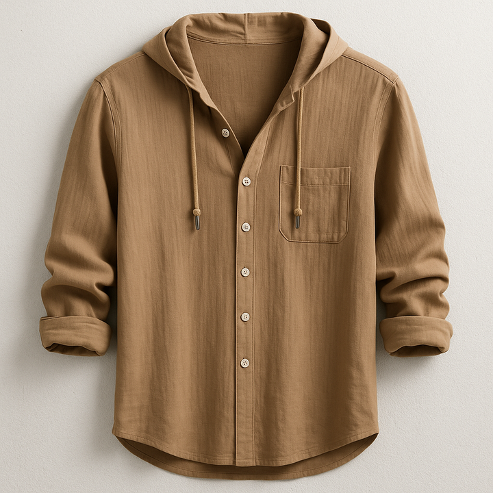 Versatile men's casual hooded shirt, perfect for spring/summer layering. Features button-up front & chest pocket.