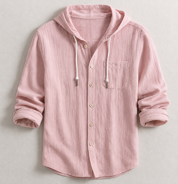 Men's fashion hooded button-up shirt featuring a chest pocket, comfortable for casual outfits.
