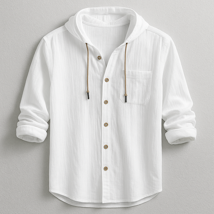 Stylish men's casual hooded shirt for layering, with a button-up design and handy chest pocket.