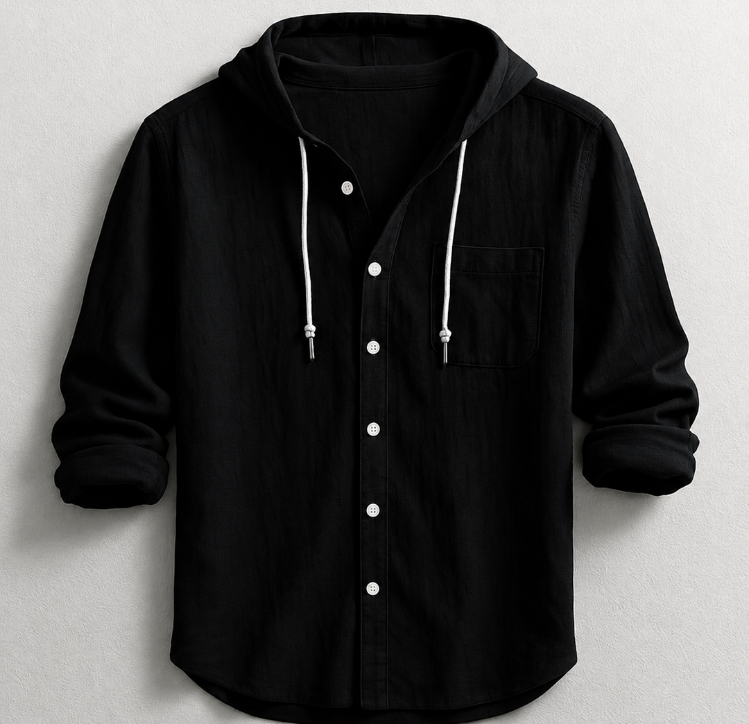 Men's casual hooded button-up shirt with a chest pocket. A versatile piece for relaxed spring & summer fashion.