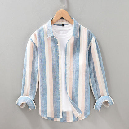 Men's casual khaki striped button-up shirt, long sleeve, perfect for everyday summer and spring fashion.