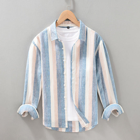 Men's casual khaki striped button-up shirt, long sleeve, perfect for everyday summer and spring fashion.
