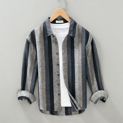 Stylish men's striped button-up shirt, long sleeve, black for effortless casual fashion & everyday wear.