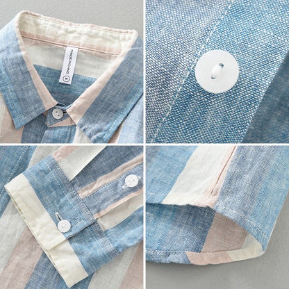 Men's casual long-sleeve striped shirt, button-up style for versatile spring and summer men's fashion.
