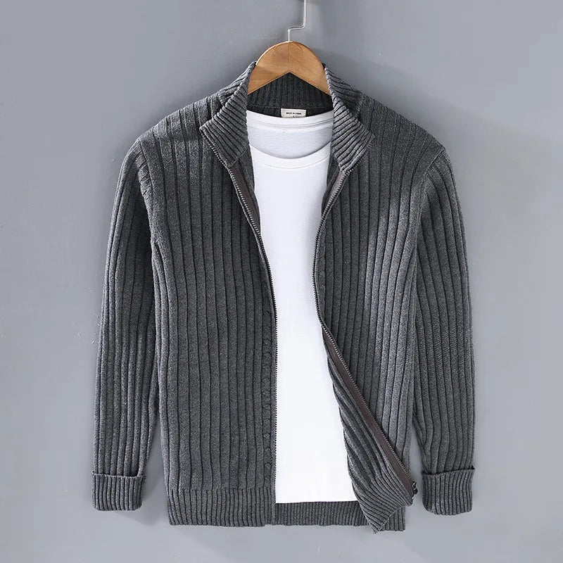 Men's casual knitted open front cardigan jacket. Relaxed fit men's layering piece for fall fashion.