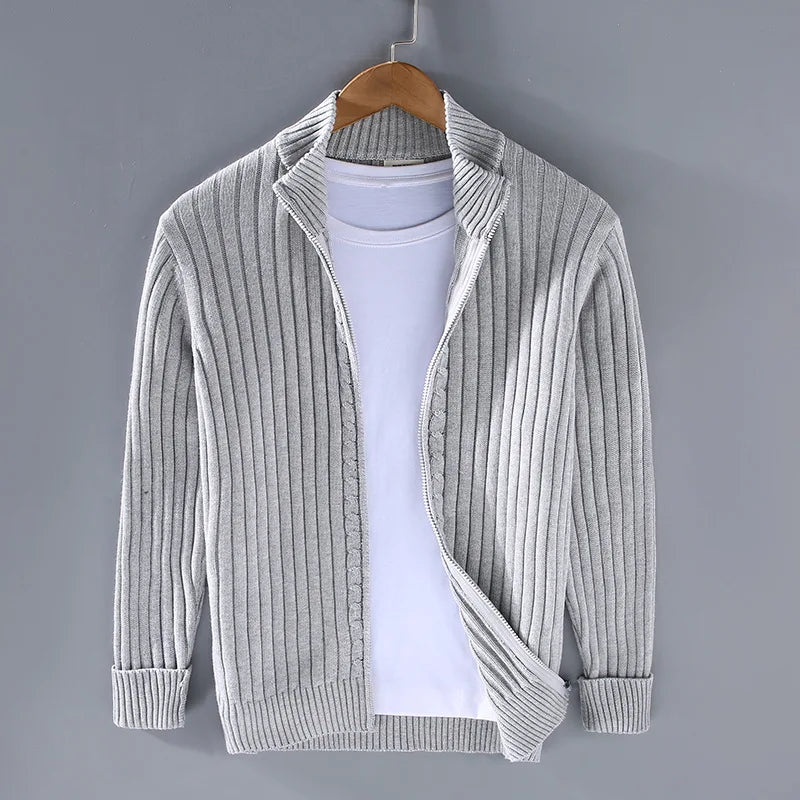 Relaxed fit men's knitted open front cardigan for casual wear. Comfortable long sleeve men's jacket.