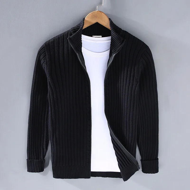 Men's knitted long sleeve open front cardigan, a casual outerwear staple. Comfortable fall/winter jacket.