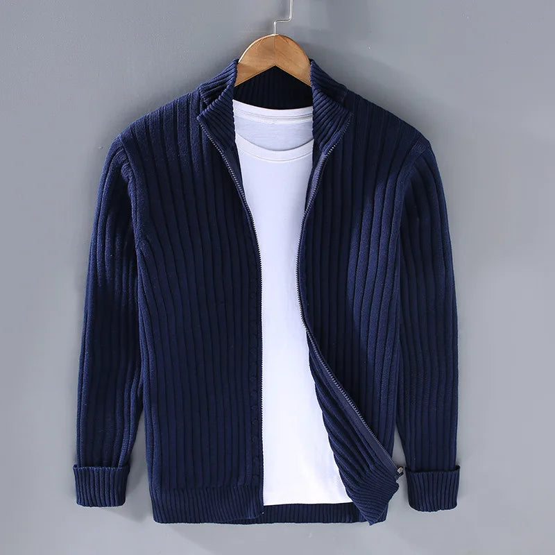 Modern men's casual knitted cardigan, stylish open front jacket for easy layering. Fall fashion.