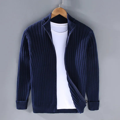 Modern men's casual knitted cardigan, stylish open front jacket for easy layering. Fall fashion.