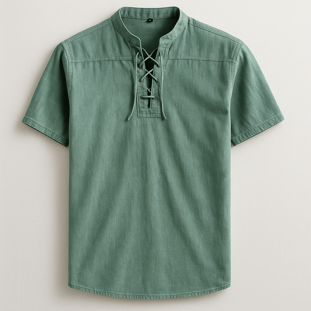 Close-up of men's classic henley shirt featuring a stylish lace-up V-neck and band collar detail.