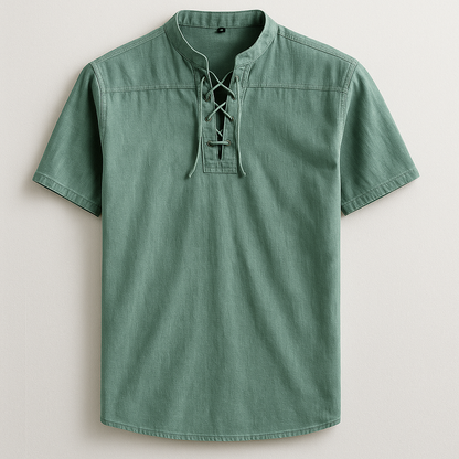 Close-up of men's classic henley shirt featuring a stylish lace-up V-neck and band collar detail.