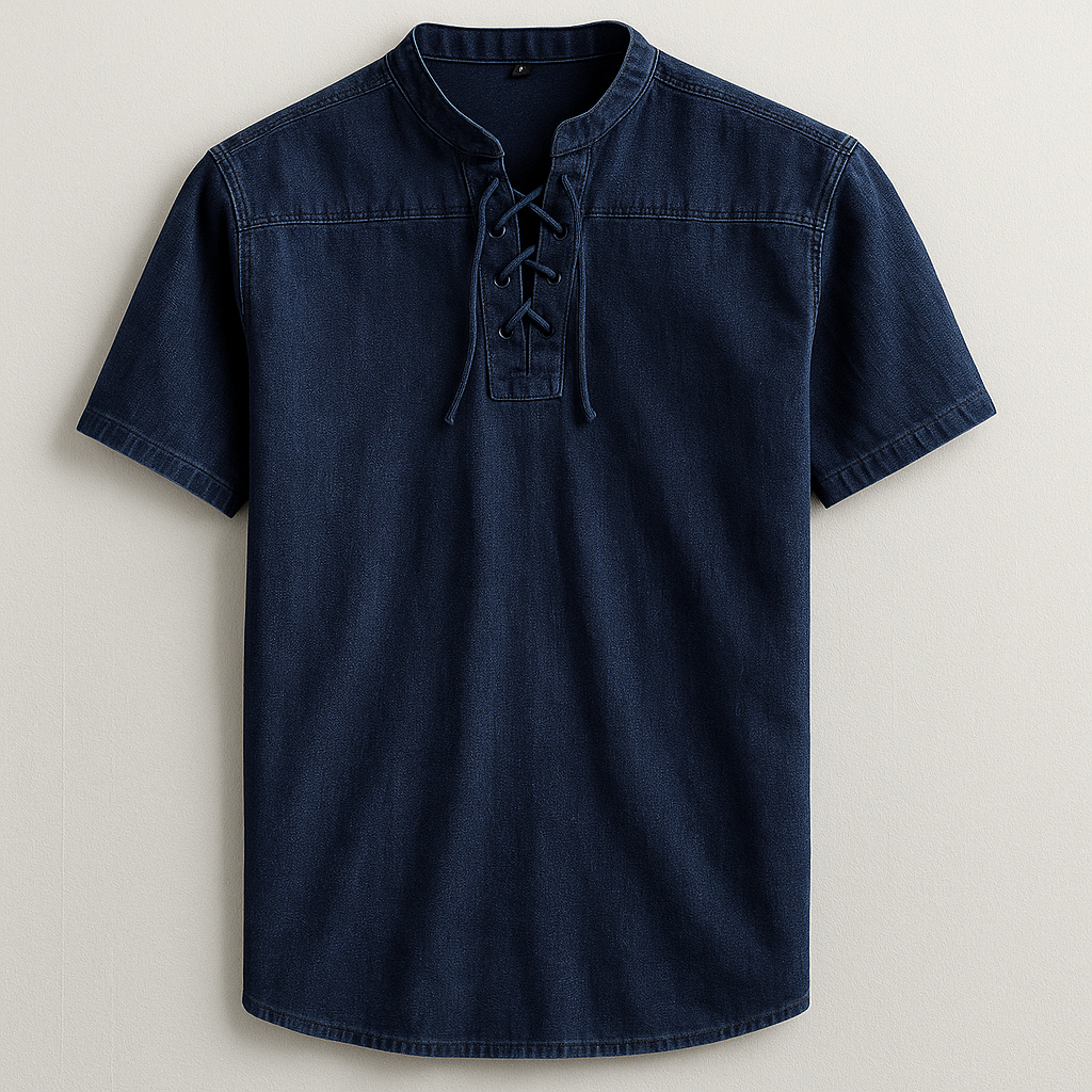 Men's comfortable lace-up henley shirt, showing the fabric texture and band collar. Ideal for casual style.