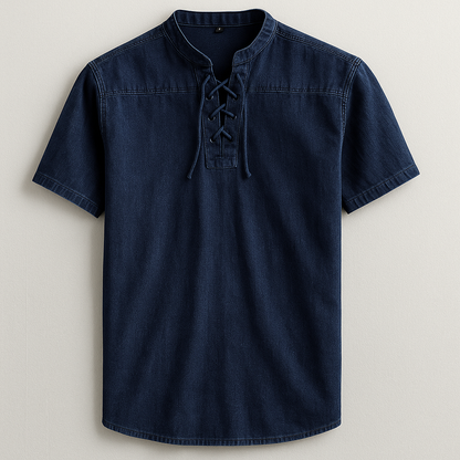 Men's comfortable lace-up henley shirt, showing the fabric texture and band collar. Ideal for casual style.