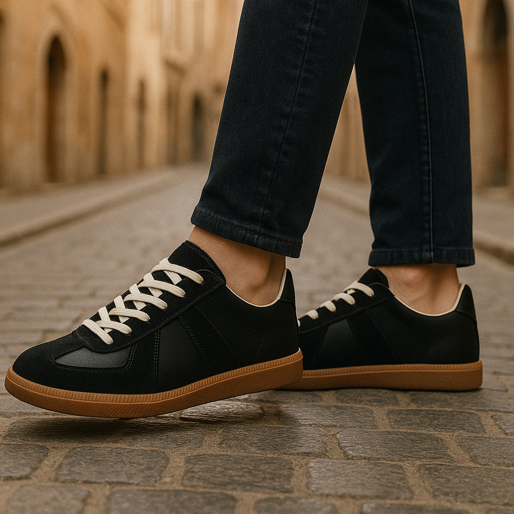 Stylish men's low top lace-up sneakers; casual, comfortable, non-slip footwear in gray.