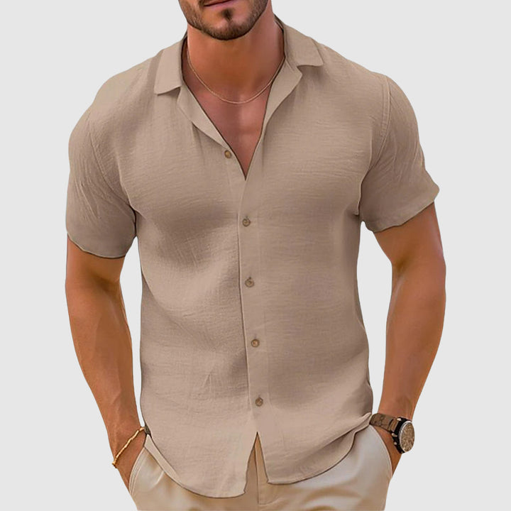 Men's casual linen button-down shirt, long sleeve, relaxed fit for summer comfort & everyday wear.