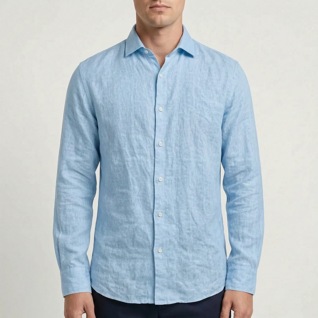 Solid color men's long-sleeve button-up shirt, perfect casual top for summer and relaxed fashion.