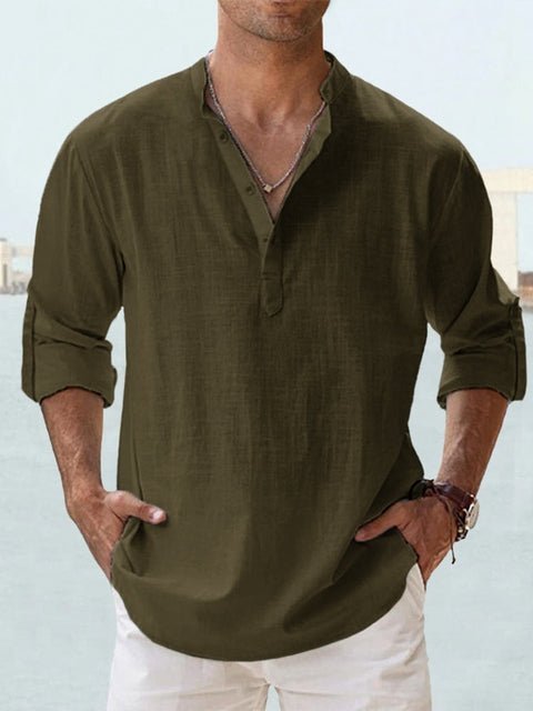 Relaxed fit long sleeve men's casual shirt, Henley with a modern mandarin collar.