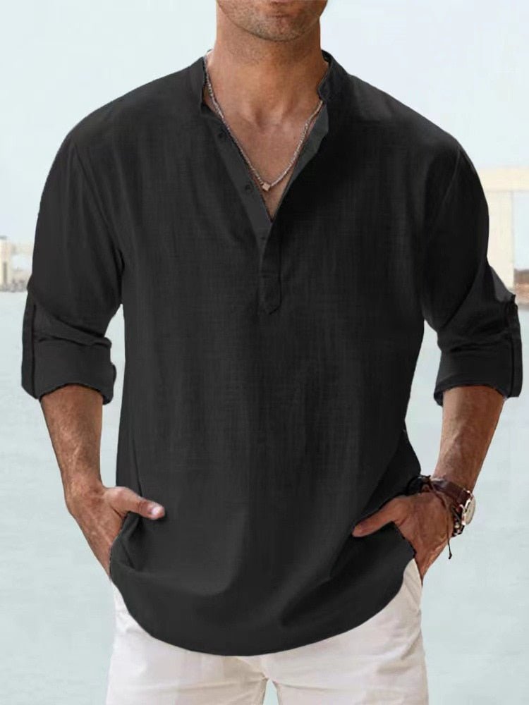 Relaxed fit men's long sleeve Henley shirt, casual mandarin collar for modern style.