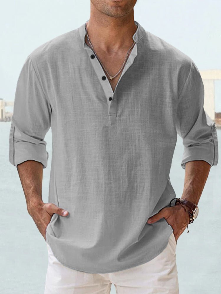 Breathable long sleeve men's Henley shirt, casual comfort with mandarin collar.