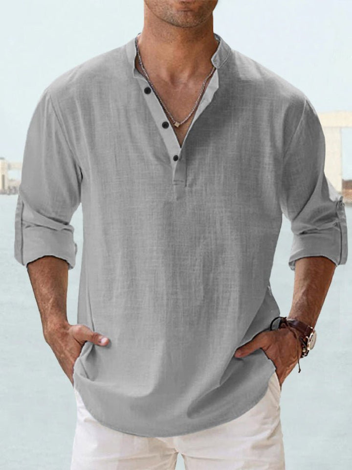 Breathable long sleeve men's Henley shirt, casual comfort with mandarin collar.