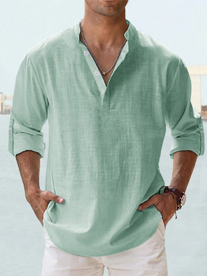 Men's fashion long sleeve Henley shirt, casual style with a mandarin collar.