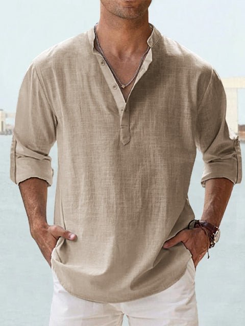 Mandarin collar long sleeve Henley for men, casual and comfortable everyday shirt.