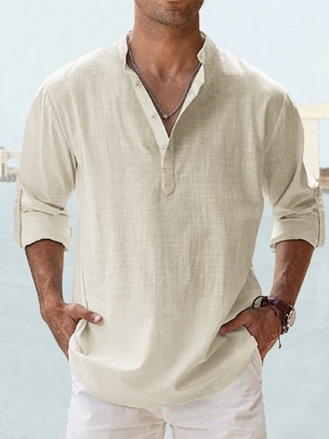 Casual men's long sleeve shirt, Henley style with a distinct mandarin collar.