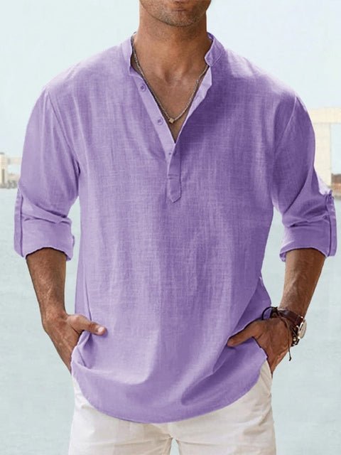 Men's long sleeve casual top, Henley design with a stylish mandarin collar for relaxed wear.