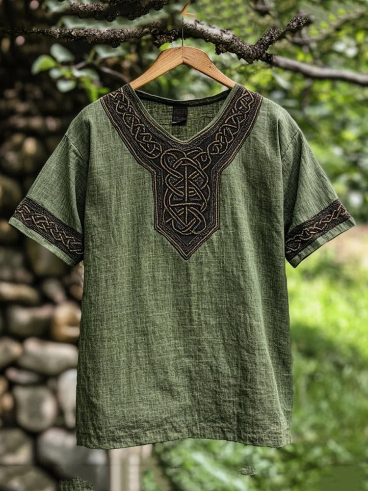Men's casual long sleeve shirt with intricate Celtic knot embroidery, perfect for a heritage look.
