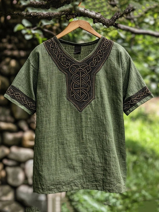 Men's casual long sleeve shirt with intricate Celtic knot embroidery, perfect for a heritage look.