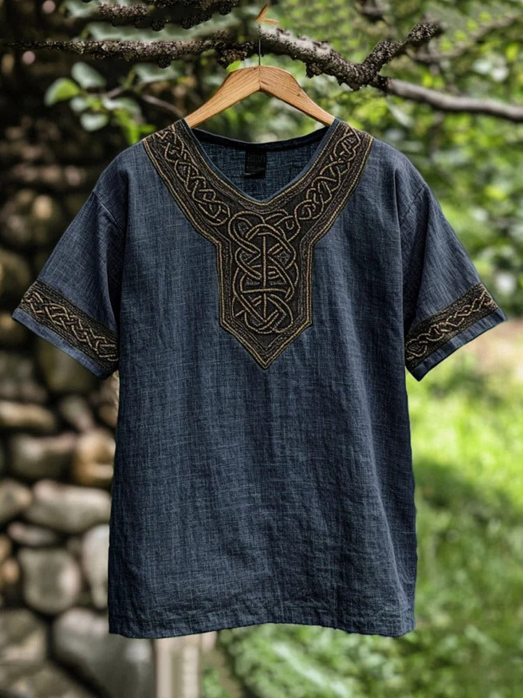 Traditional men's Celtic embroidered casual shirt, offering comfort and classic style.