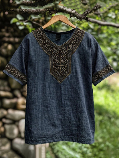 Traditional men's Celtic embroidered casual shirt, offering comfort and classic style.