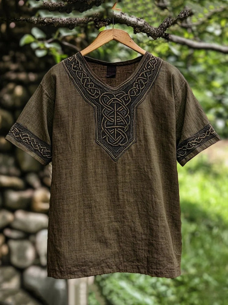 Comfortable men's long sleeve top, featuring detailed Celtic knot embroidery on the chest.