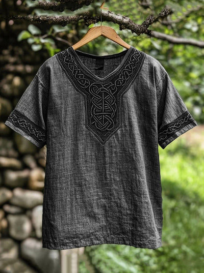 Stylish men's long sleeve shirt, showcasing unique Celtic knot embroidery for a casual outfit.