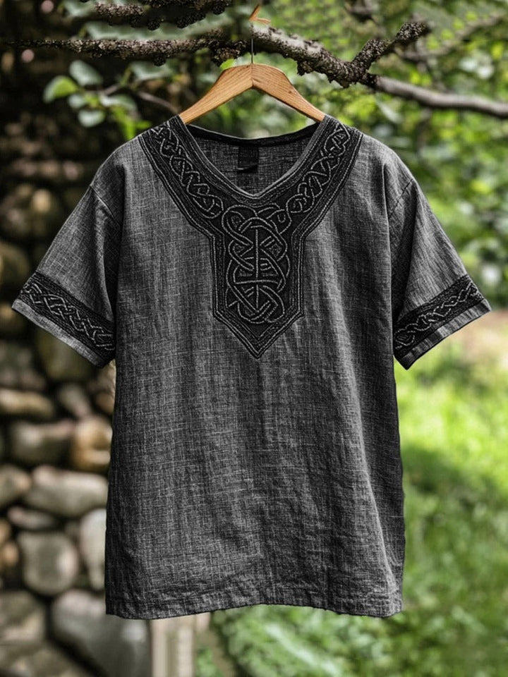 Stylish men's long sleeve shirt, showcasing unique Celtic knot embroidery for a casual outfit.